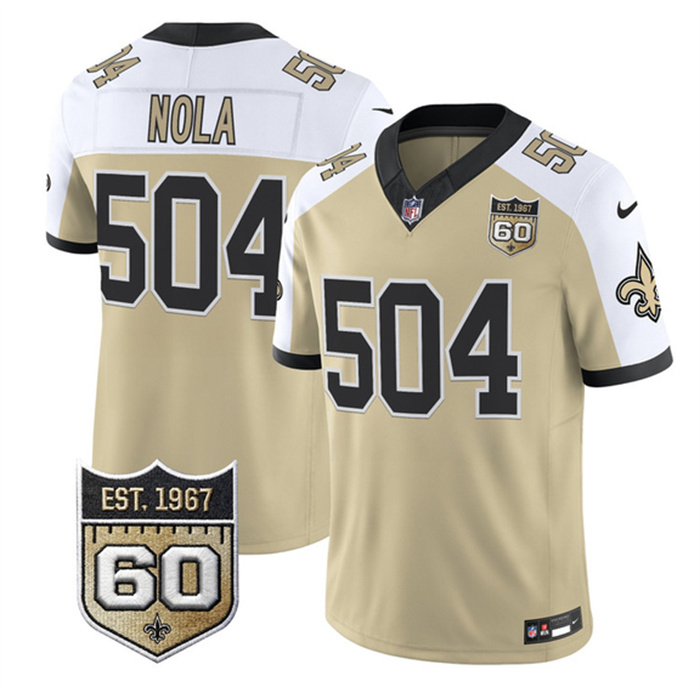 Men's New Orleans Saints #504 Nola Gold Alternate F.U.S.E. 60th Anniversary Patch Vapor Limited Stitched Football Jersey Men's New Orleans Saints #504 Nola Gold Alternate F.U.S.E. 60th Anniversary Patch Vapor Limited Stitched Football Jersey